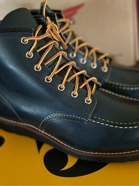 Red Wing Shoes Black Leather Moc Toe Boots with Tan Contrast Laces